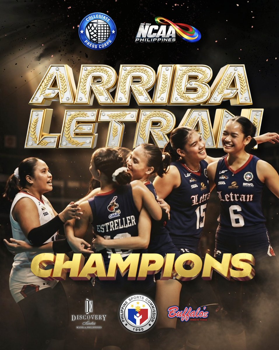 cpc_ph's tweet photo. LET-RAN THIS TOWN ⚔️

A 27-year wait ends in Intramuros as Letran wins its ninth NCAA women’s volleyball championship, ending Benilde’s historic five-peat bid.

#NCAA101 #BuildingGreatness https://t.co/ALcGgtgYaG