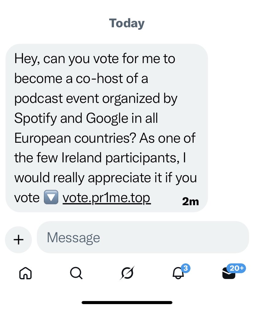Again…

Please please please don’t get scammed by this 

If anybody messages you asking for your vote, it’ll skim your login details and steal your account 

Pls share as so many people are falling for this