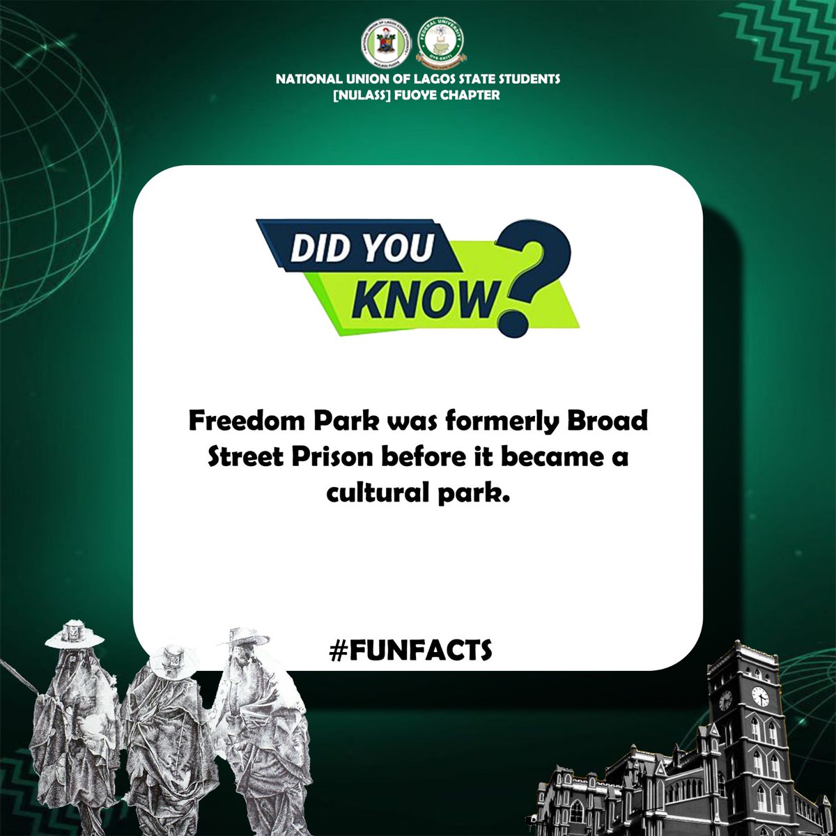 nulassfuoye's tweet image. Did you know that the Freedom park was formerly Broad Street Prison ?

Well now you do. 😉💚

More Interesting Facts loading!

#NulassFUOYE #FUNFACTSFRIDAY #TheEKOCabinet 🇲🇺

OYESAGBA OLAMIDE 
NULASS FUOYE PRO
08119485185