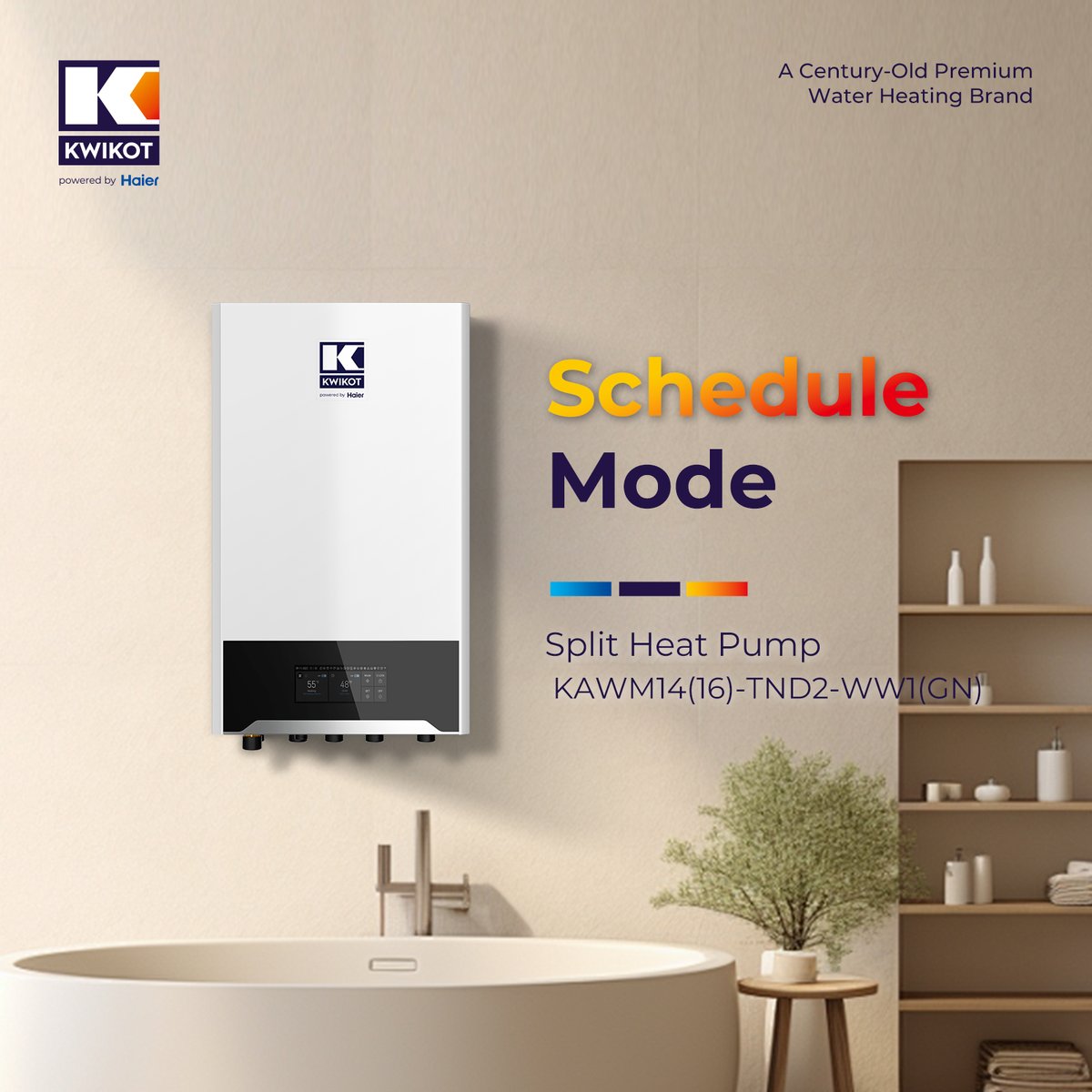 HaierWH's tweet image. Smart Comfort, On Your Schedule ⏰♨️ 
KWIKOT Split Heat Pump features Schedule Mode for effortless control. 
📅 Set heating times 
💡 Save energy daily 
#KWIKOT #HeatPump #SmartControl #EnergySaving #HomeComfort
