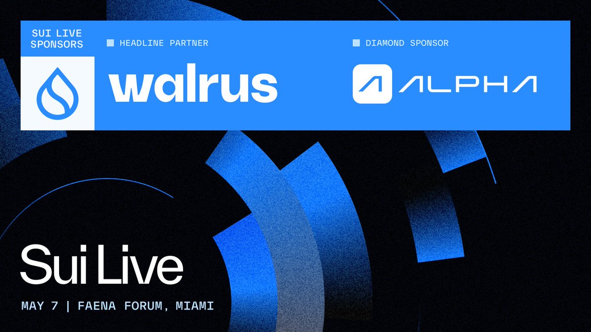 SuiCommunity's tweet photo. No flight to Miami? No problem.

On May 7, Sui Live streams worldwide directly from the center stage.

We’re officially locked in with our heavy hitters:
🏆 Headline sponsor: @WalrusProtocol
💎 Diamond sponsor: @AlphaFiSUI https://t.co/Qq3hhL32v9