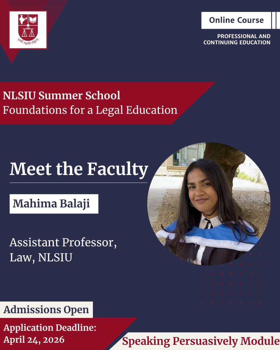 NLSIUofficial's tweet image. #AdmissionsOpen #FLE
Meet the Faculty | Speaking Persuasively Module
Our faculty Ashrita Prasad Kotha, and Mahima Balaji will help students identify the purpose and methods of speaking persuasively, structure their speech, and develop their speaking style, to enable them to
