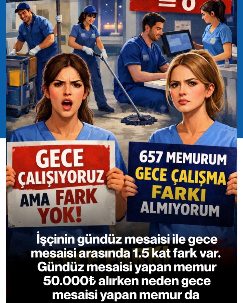İşçinin gündüz mesaisi ile gece mesaisi arasında 1.5 kat fark var. 

Gündüz mesaisi yapan işçi ayda 10₺ alırken gece mesaisi yapan işçi ayda 15₺ alıyor. 

Eeee. Memurlarda neden gündüz mesaisi ile gece mesaisi arasında fark yok. 

Gündüz mesaisi yapan memur 50.000₺ alırken