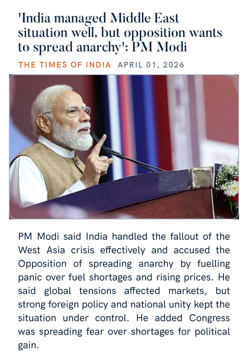 'India managed Middle East situation well, but opposition wants to spread anarchy':
 PM <a href="/narendramodi/">Narendra Modi</a> Ji
Two more Indian LPG tankers, BW TYR &amp; BW ELM, carrying 94,000 tonnes successfully cross Strait of Hormuz 💥
#ModiHaiTohMumkinHai 
timesofindia.indiatimes.com/india/india-ma…
<a href="/PMOIndia/">PMO India</a>
