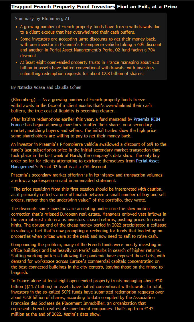Very similar to private credit, France had a "liquid real estate funds"' nightmare beginning when rates rose in 2022.
After gating the investors, AM are allowing investors to trade shares on secondary market.
Results? 60 to 70% discount from last NAV.
Rings a bell with BDC right?