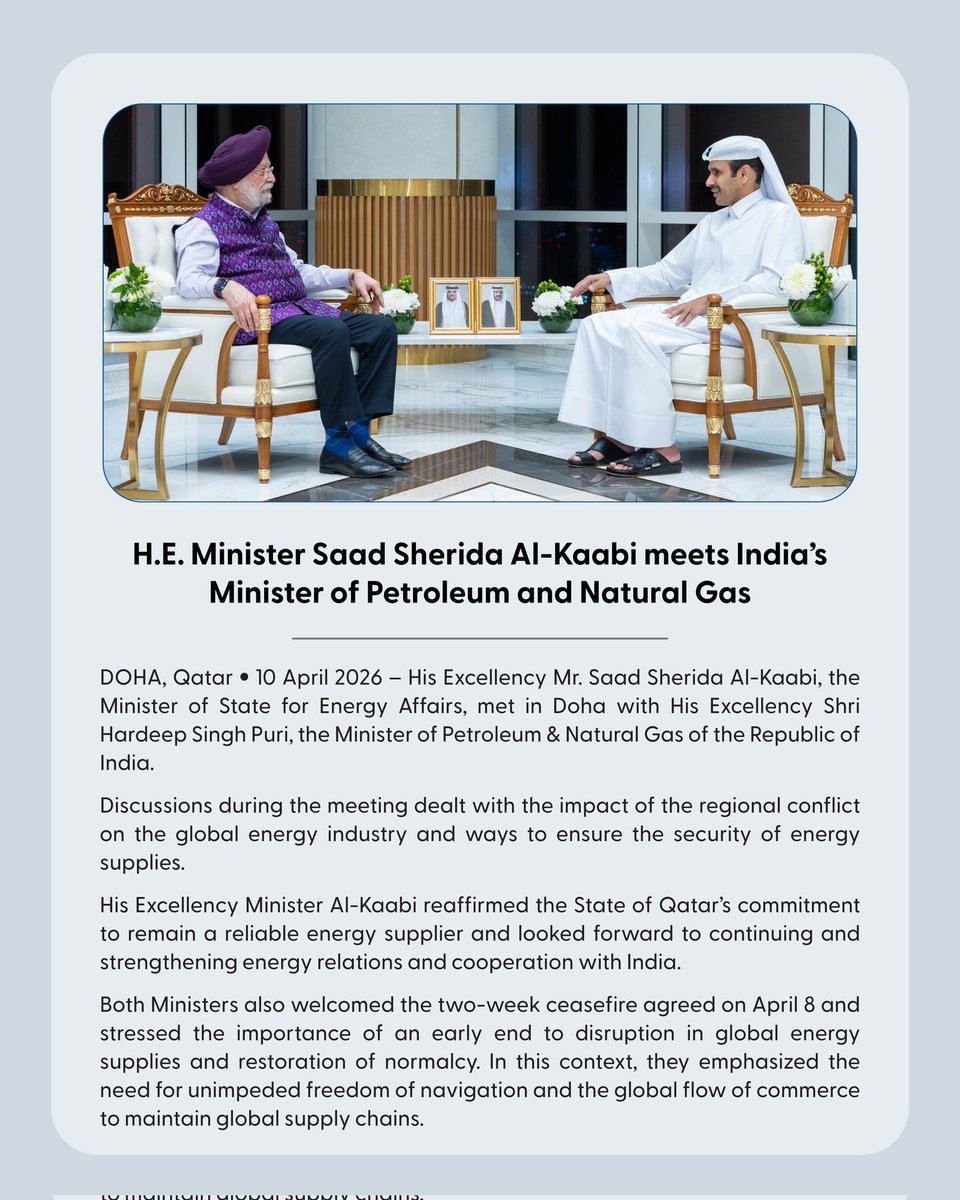 qatarenergy's tweet image. H.E. Minister Saad Sherida Al-Kaabi meets India’s Minister of Petroleum and Natural Gas

#Qatar