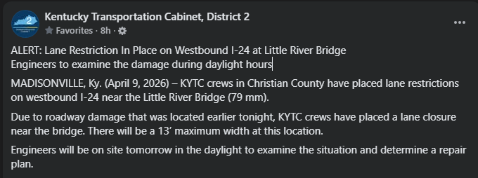 kyliving's tweet image. Traffic Alert - #ChristianCoKy - Thursday, April 9

#Hopkinsville - Per @KYTCDistrict2, one lane of W/B #I24,  west of the #I169 exit, is closed due to roadway damage. 

#KyTraffic ChristianCountyKentucky LaFayetteKy GraceyKy HopkinsvilleKY OakGroveKy CroftonKy FortCampbell