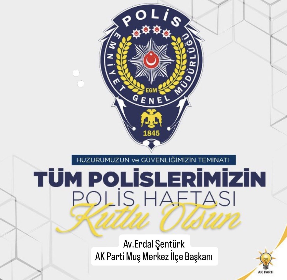 Milletimizin huzur ve güvenliği için 181 yıldır gece gündüz demeden fedakârca görev yapan Türk Polis Teşkilatı’nın Polis Haftası’nı kutluyoruz.

Görevi başında şehadete eren kahraman polislerimizi rahmet ve minnetle anıyoruz.

#PolisHaftası