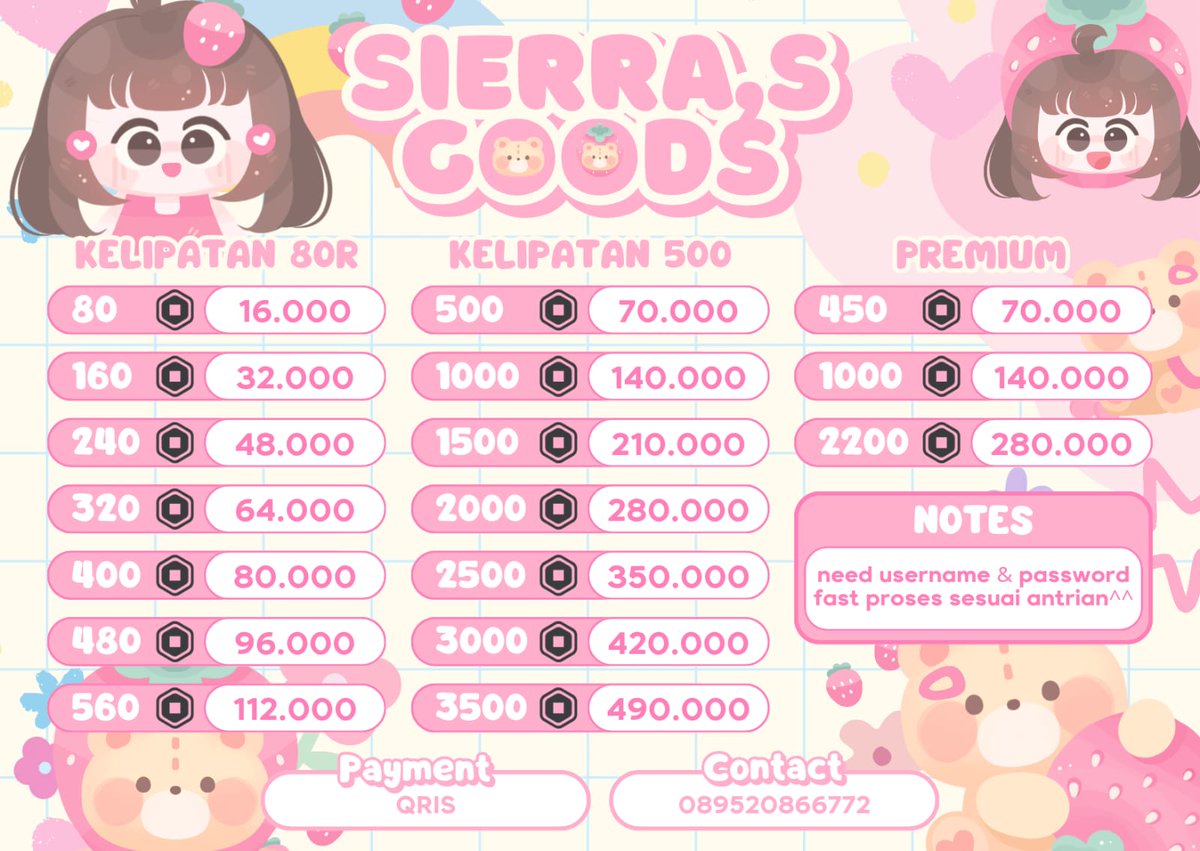 loopytiga's tweet photo. @fepearly order robux kak? . . 💭🕯️ 
sierra ready all nominal nih 🦢🎀️ 𓈃  bisa langsung di order satset via wa, dijamin trusted dan aman ♡ 👛 

⸝⸝ ꕤ  𓈄 𓈒  💌 order : https://t.co/S9TP9aUOiR https://t.co/lE5oFpgKoo