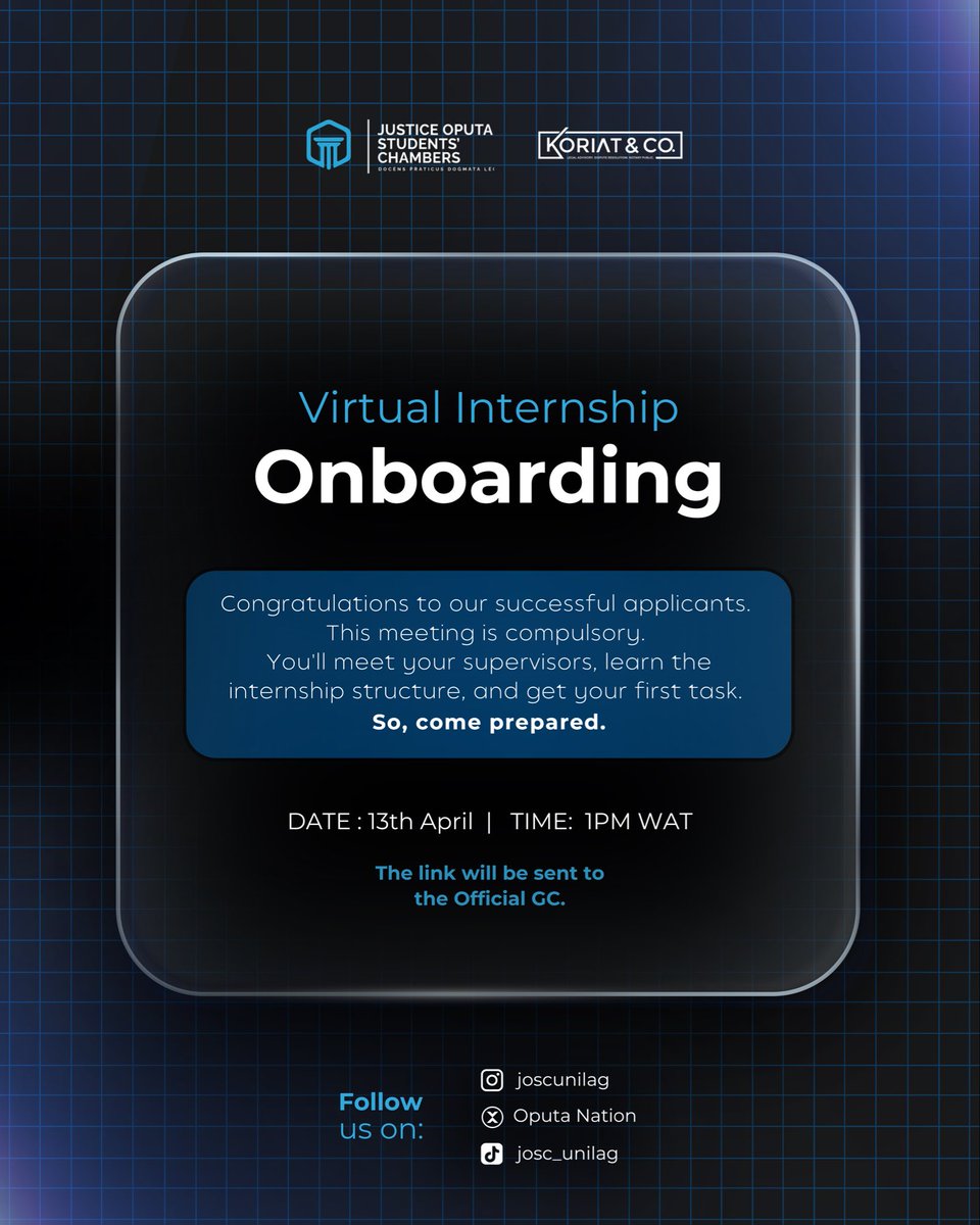 OputaNation's tweet image. JOSC Internship Onboarding Session
 
📅 Monday, 13th April | 1PM WAT
📍 Link in successful applicants' GC
 
Facilitated by Winner Akarume (Managing Partner).
#VirtualInternship #Onboarding #2026cohort #OputaNation #professionaldevelopment
