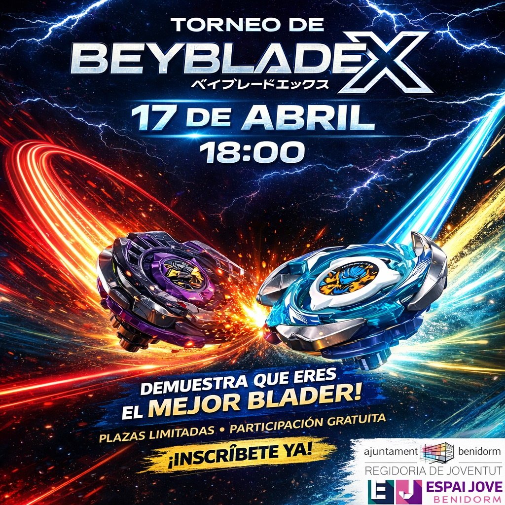 juventudbnd's tweet photo. 🚨 ¡Atención, Bladers! 🚨
🌀 ¡El Torneo de BeybladeX ya está aquí! 🌀

📅 17 de abril | 18:00h
📍 Centro de Información Juvenil, Benidorm

🔸 Inscripción gratuita
🔸 Plazas limitadas

💥 ¡Demuestra que eres el mejor Blader! 💥

✅ ¡INSCRÍBETE YA! ✅
⚡ ¡No te lo pierdas! ⚡ https://t.co/XOo7pV22OC
