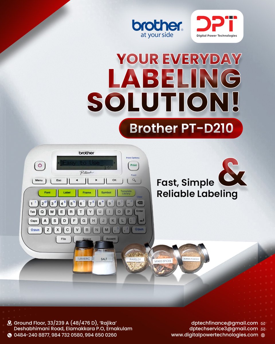 digitalpower_t's tweet image. The Brother PT-D210 is a fast, simple, and reliable labeling solution designed for everyday use. 

To know more details contact us.
🌐 digitalpowertechnologies.com
📲 +91-9847320580, 7012867197, 9946500260

#DigitalPowerTechnologies #LabelPrinter #PTD210 #Labels #Brother #AtYourSide