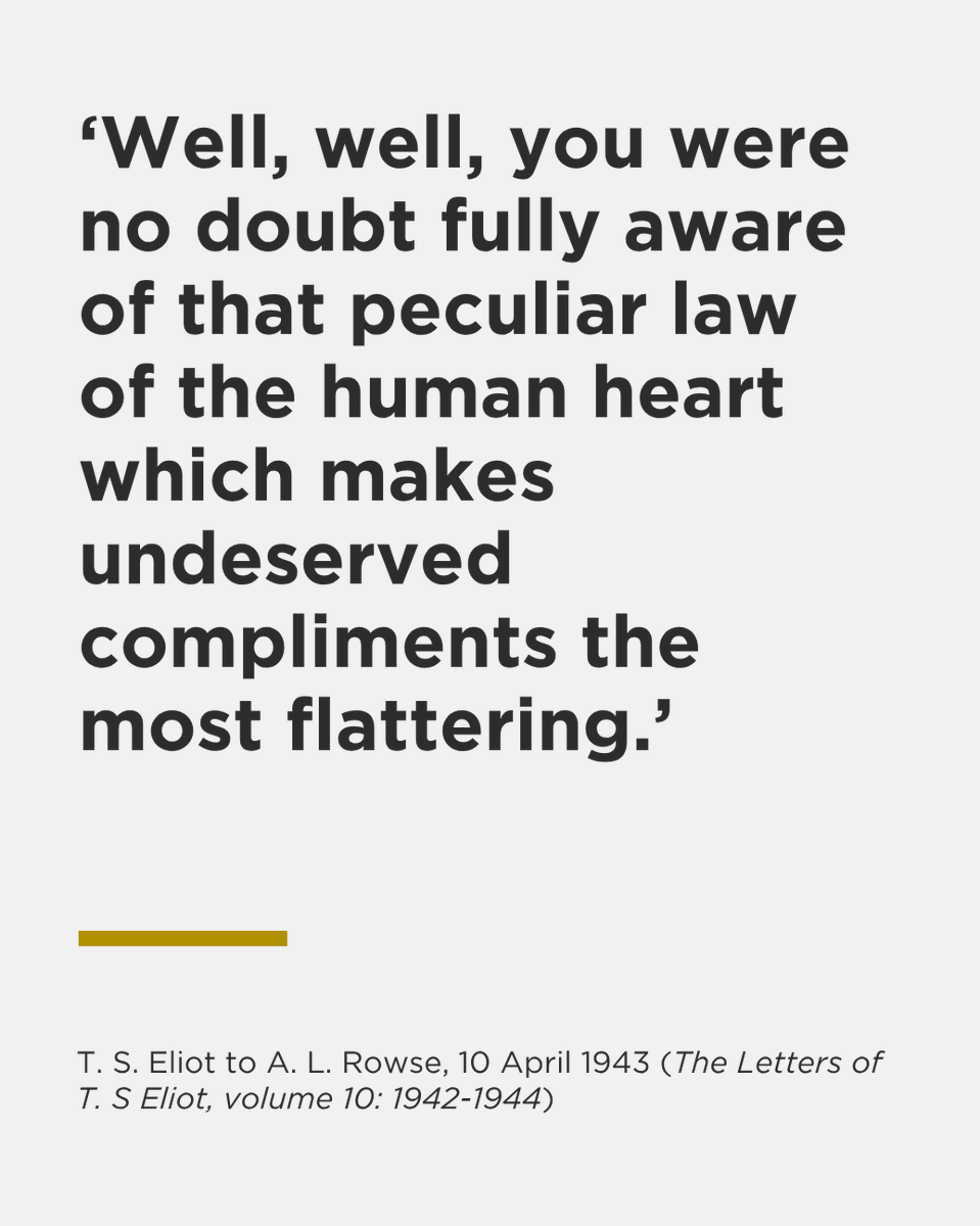 eliotfoundation's tweet image. 📆10 April 1943

Eliot's response to historian and writer A. L. Rowse's
letter in which he describes Eliot as "a very cute old
business bird... much better, purely as a business man,
at handling me than Geoffrey [Faber] is."

#tseliot #publishing #thelettersoftseliot #onthisday