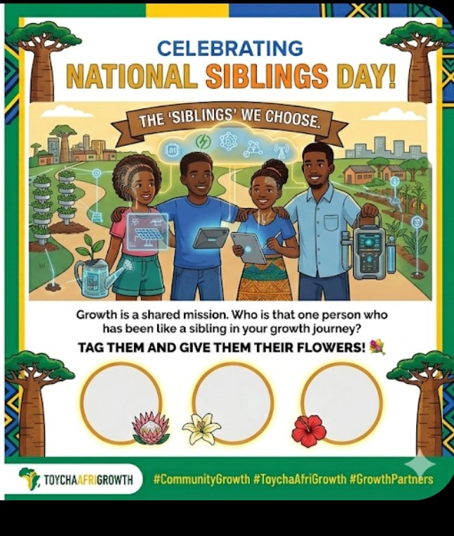ToychaAl's tweet photo. Happy Friday, family! 🌍 It’s a double celebration.
​Between the reflection of #ThisFriday and the connection of #NationalSiblingsDay, we’re reminded that growth is a shared mission. 
​#ToychaAfriGrowth #CommunityGrowth #SiblingsDay https://t.co/BsANsG7AIX