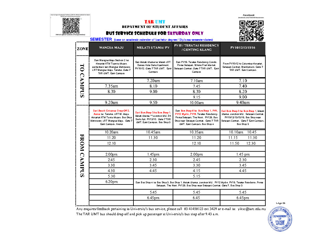 KlTaruc's tweet photo. TAR UMT shuttle bus schedule (Semester) (From 26-Jan-2026 to 03-May-2026) https://t.co/MIJUAG322e