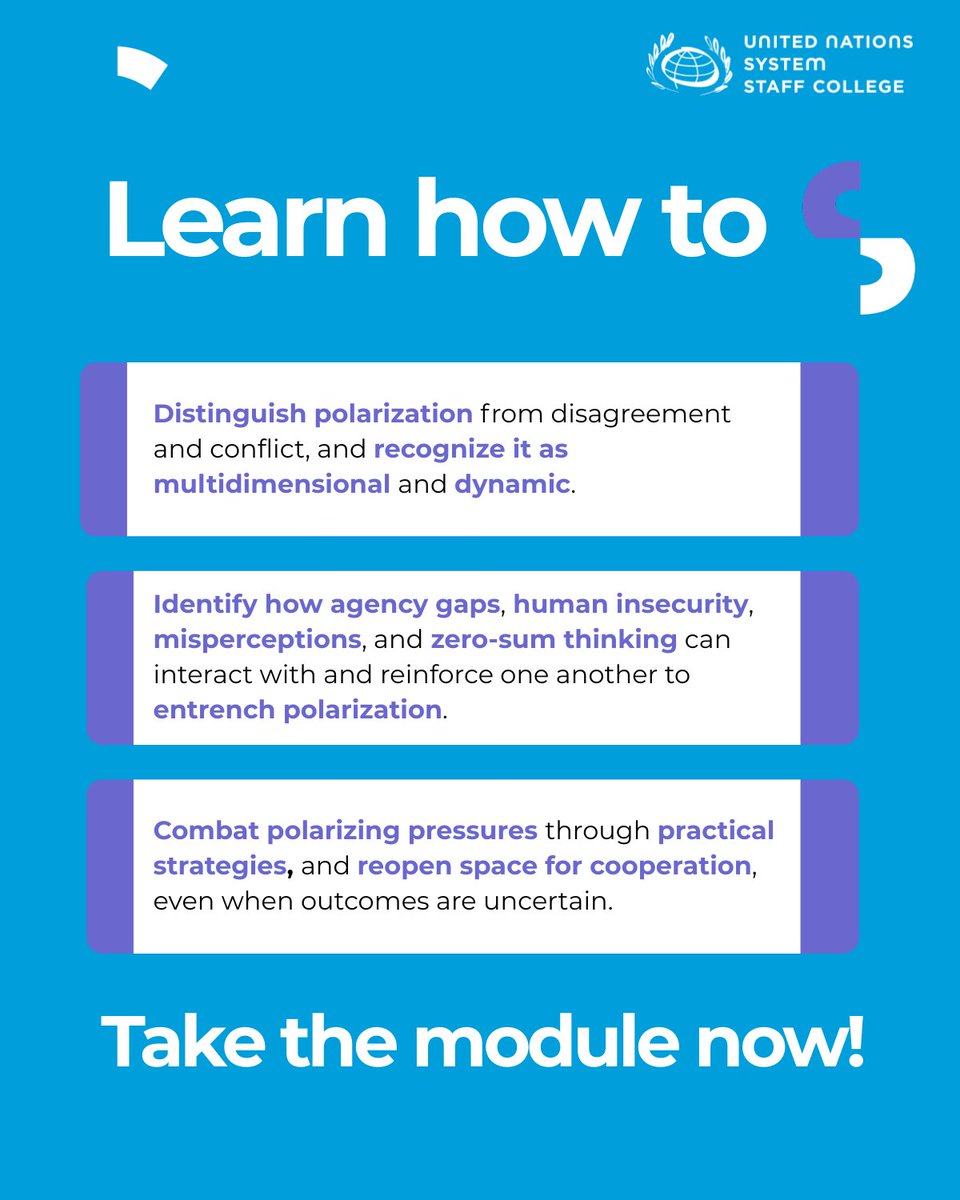 UNSSC's tweet image. #UNSSC’s new FREE, self‑paced online module “Bridging Divides in a Polarized World” offers a practical introduction to polarization and ways to respond to it constructively.

Available now!
unssc.org/courses/bridgi…

#LearningForTransformation #Polarization #BridgingDivides