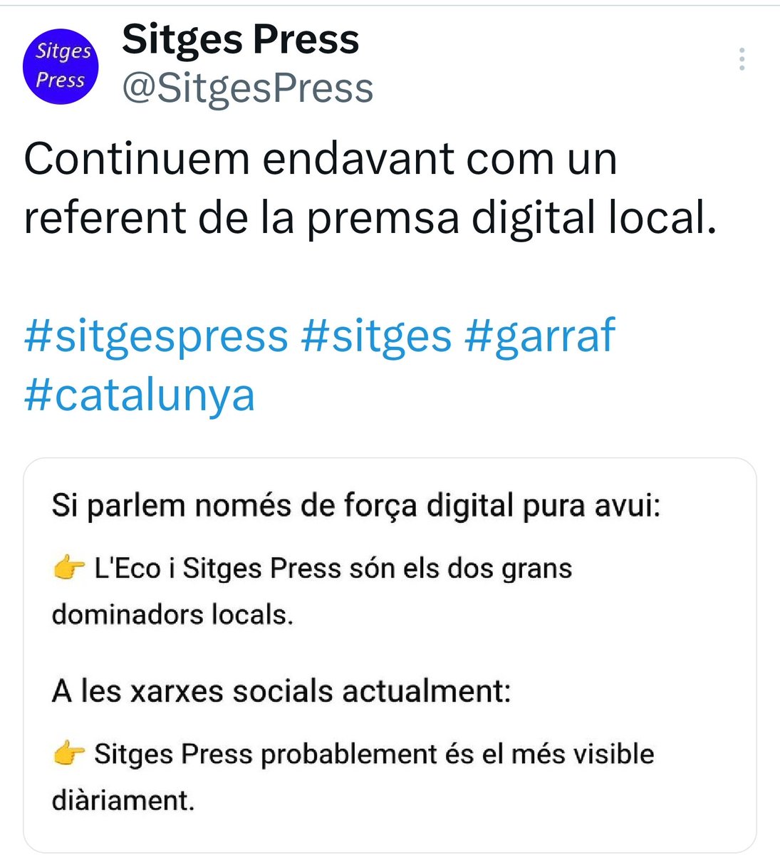 SitgesPress's tweet photo. Continuem endavant !

Sitges Press el mitjà digital més visitat diàriament a la vila.

Llegiu Sitges Press a Facebook !

#sitgespress #sitges #garraf #catalunya https://t.co/ig7muZ5m1o