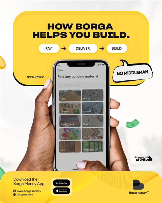 BorgaMoney's tweet photo. Simple steps. Real progress.​
With Borga, you pay verified vendors and get materials delivered straight to the site. 💛​

#BorgaSiWoDan https://t.co/DbAnHZs3i3