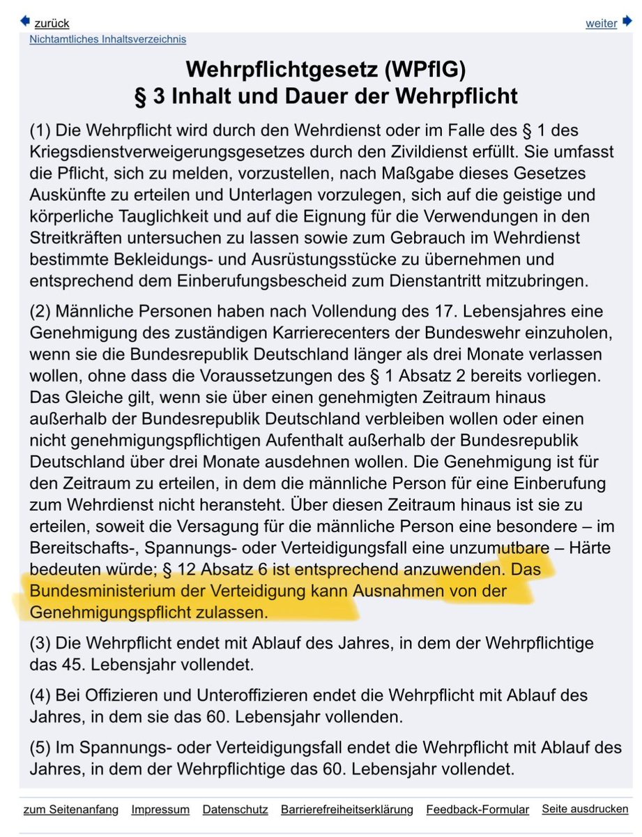 P_O_Heinemann's tweet photo. Das Vorgehen von Pistorius ist rechts- und verfassungswidrig. § 3 II 5 WPflG erlaubt es dem BMVg, Ausnahmen von der Genehmigungspflicht des § 3 II 1 WPflG zuzulassen. Eine Ausnahme wäre zB „behinderte Menschen brauchen keine Genehmigung“. Aber „niemand braucht eine Genehmigung“ https://t.co/LL8qAAE3wx