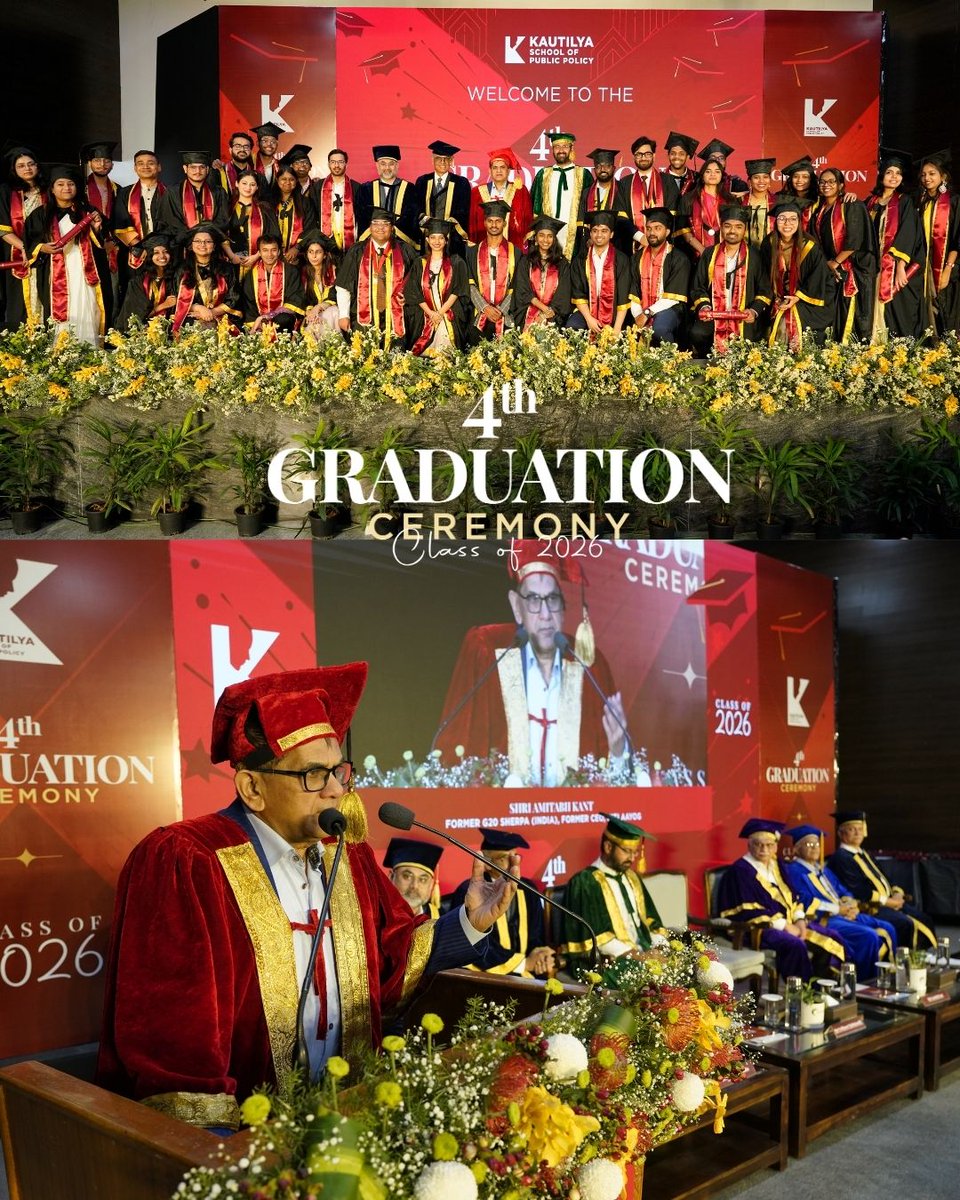 KautilyaSPP's tweet photo. A momentous day at Kautilya - Graduation Ceremony for the Class of 2026!

Graced by the presence of Mr. @amitabhk87, Former G20 Sherpa to the Prime Minister of India & Former CEO of NITI Aayog, the Graduation Ceremony of the Master's Program in Public Policy Class of 2026 was a true reflection of inspiration and purpose. His words reminded our students of the power of policy in shaping the nation.

We were honoured to be joined by Mr. @sribharatm, President of @GITAMUniversity, whose words of encouragement uplifted the spirit of the day. The presence of our Vice Chancellor @proferroldsouza, Registrar Dr. D. Gunasekaran, Pro-Vice Chancellor (Hyderabad) Dr. D.S. Rao, Dean @AkbaruddinIndia, and co-founder of Kautilya Mr. @prateekkanwal added immense warmth and wisdom to the occasion.

With their families and well-wishers in attendance, 35 bright and bold future leaders graduated with flying colours, ready to create impact and drive meaningful change.

#Kautilya #KSPP #ClassOf2026 #PublicPolicy #ChangeMakers