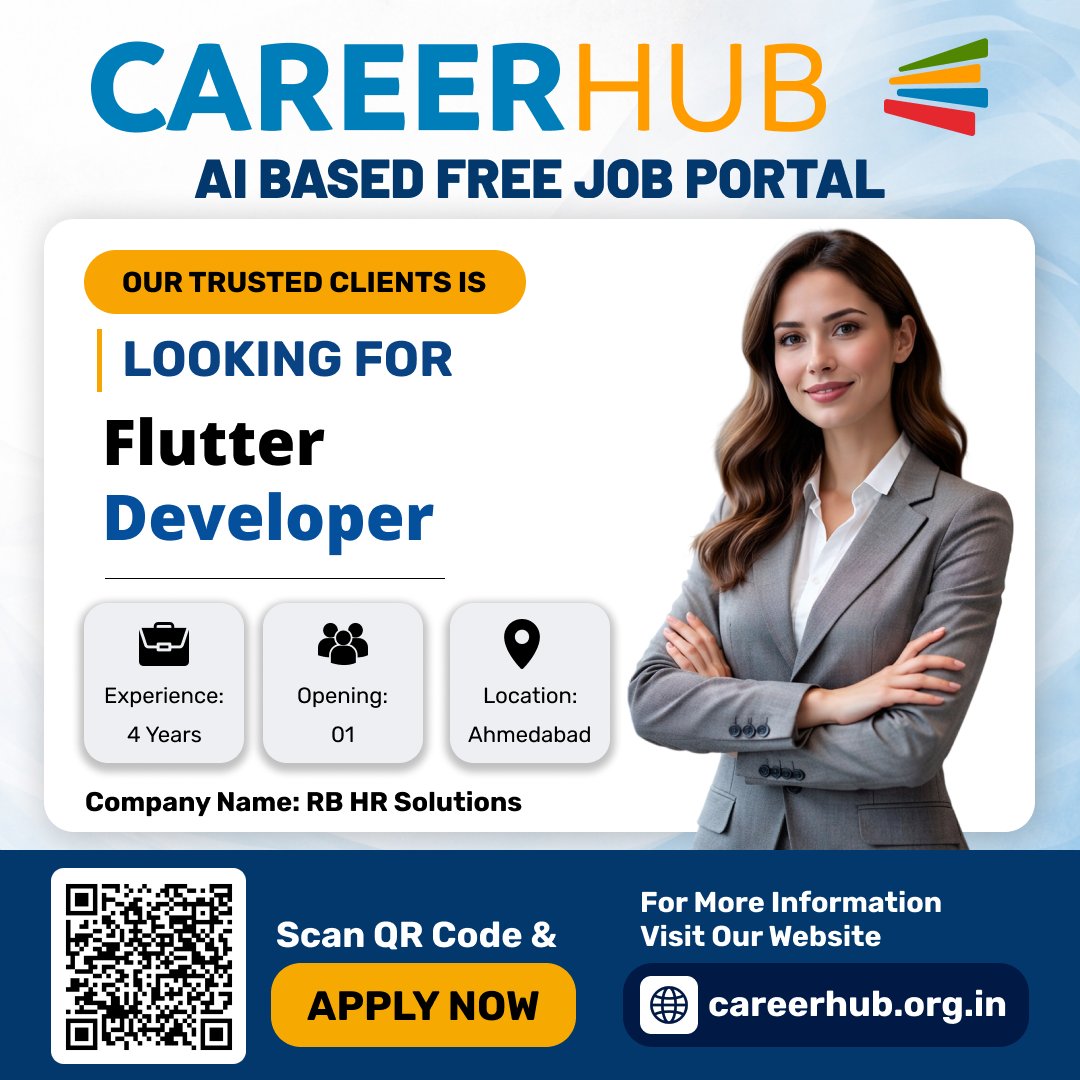 careerhub_iespl's tweet image. Hiring: Flutter Developer

• Location: Ahmedabad
• Experience: 4 Years
• Openings: 1
Company: RB HR Solutions
Apply Now: careerhub.org.in
Scan QR Code &amp;amp; Apply

#FlutterDeveloper #AhmedabadJobs #HiringNow #MobileAppJobs #CareerHub