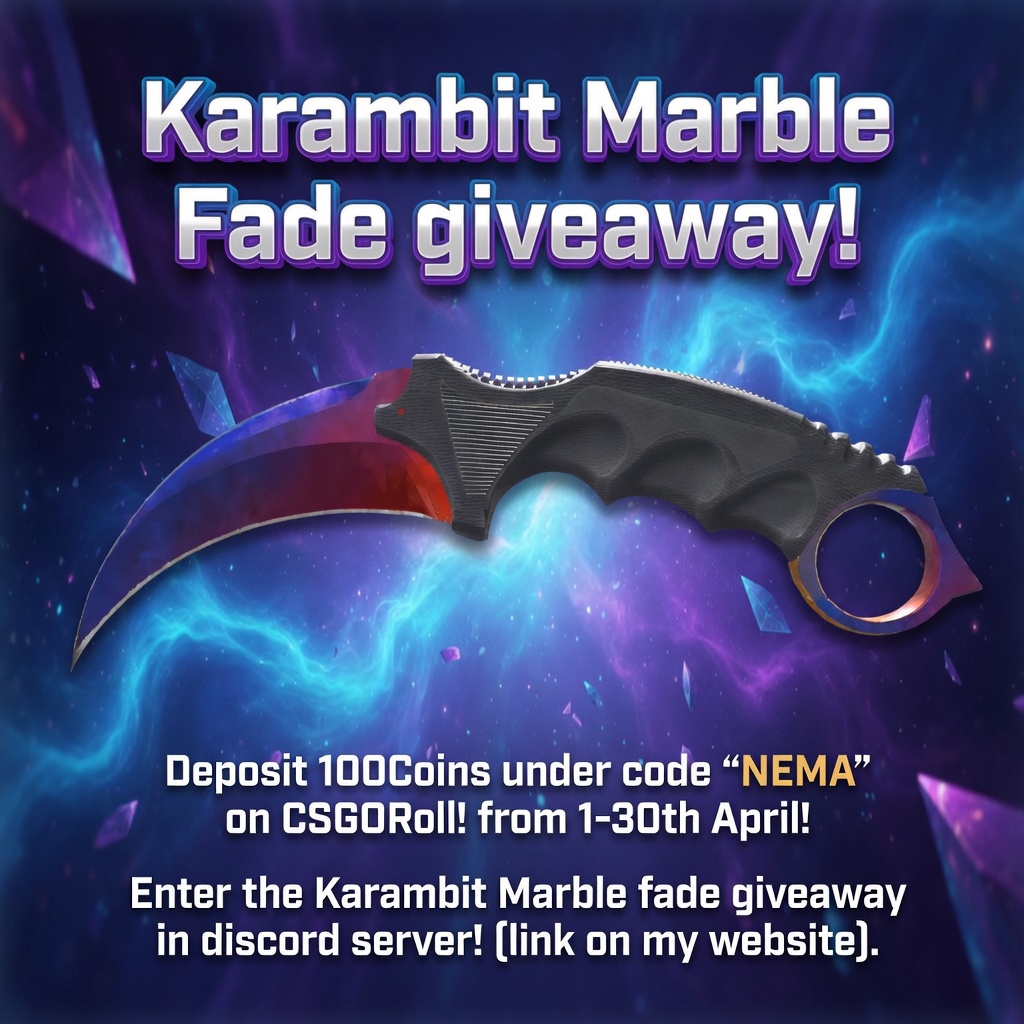 nematelord's tweet photo. 💎Karambit Marble Fade (FN) GIVEAWAY💎 

How to enter:
✅Deposit at least 100c on code "NEMA" on CSGORoll 1-30TH April 🔥 
✅ Follow me on KICK
✅ Create a ticket with your CSGORoll account ID+name & X username
✅ Enter the giveaway on the giveaway bot In the discord server 

 📅Starts: 01.04
 ⏰Ends: 30.04

Like & RT! 2 random gets a 100coins free battle! 
(will pick the winners in 7days)

good luck everyone! ❤️