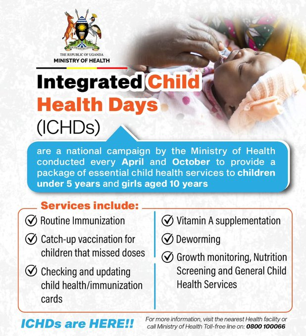 kaleba34's tweet photo. The ICHDs are here. This is a national campaign conducted every April and October providing a package of essential health services to children.   Visit your nearest health facility or outreach post to ensure that your child is fully vaccinated and growing healthy. #MOHatWork https://t.co/CTdfNKHvhi