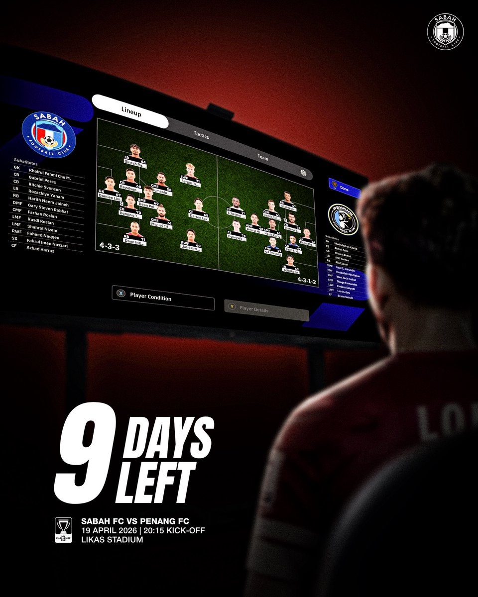 SabahFCofficial's tweet image. Kickoff in 9 🔜

🎮 Grab your tickets here tickethotline.com.my

[FINAL 2 MFL CHALLENGE CUP 25/26]
19 April | Sabah vs Penang
🏟️ 20:15, Stadium Likas

#SabahFC #SabahMajuJaya #BangunlahBersatuSemua