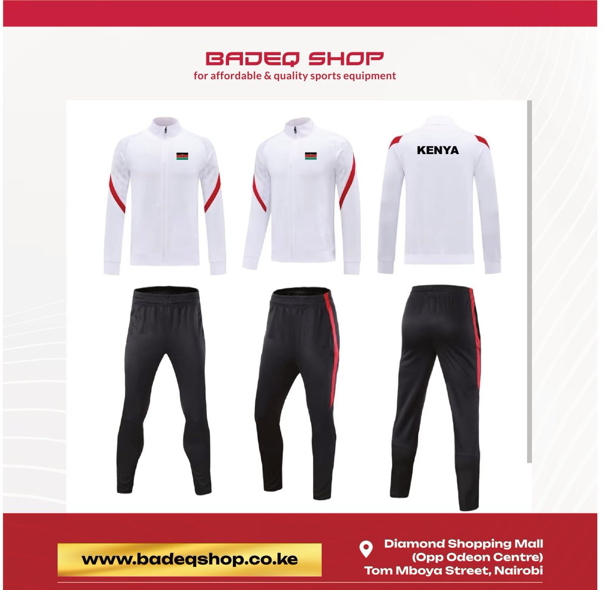 Badeqshop1's tweet image. 🇰🇪 Kenya Ceremonial Tracksuits✴️
Step out in style with premium quality, comfort, and national pride. 🔥
Perfect for teams, &amp;amp; everyday wear.

📍 Nairobi – Tom Mboya Street, Diamond Shopping Mall (Opp. Odeon)
📞 0721 286150 | 0793 257689

#Kenya #MadeInKenya #Tracksuit #TeamKenya