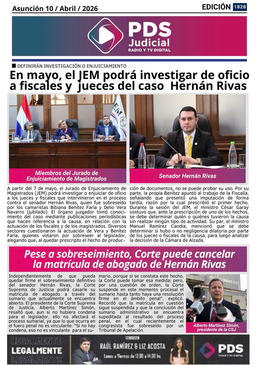 ☺️¡Buenos días!

Presentamos las principales noticias de la #PortadaDigitalPDS📰

Leé toda la información judicial en: 🔗pdsdigital.com.py

#PDSDigital