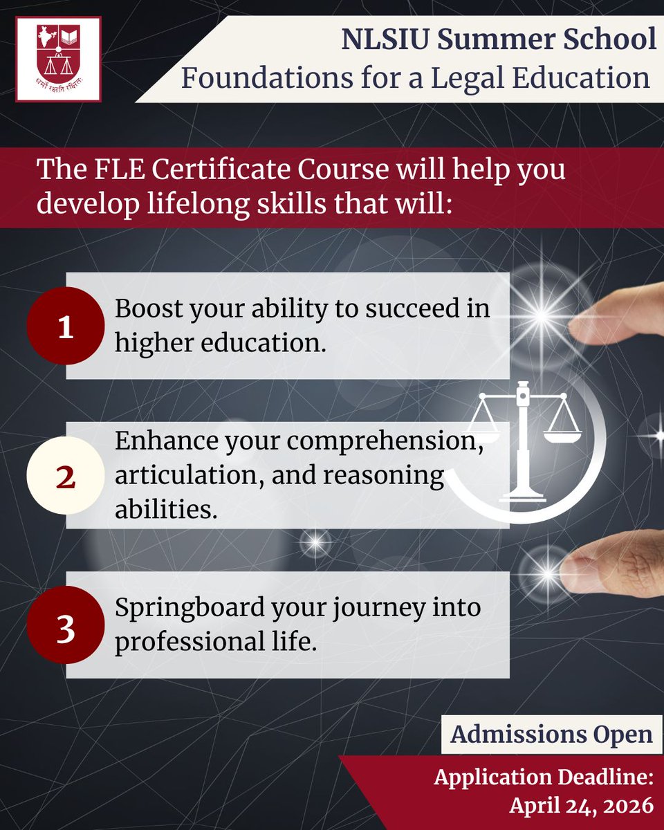NLSIUofficial's tweet image. #AdmissionsOpen #FLE
Kickstart your academic and professional journey with NLSIU’s Foundations for a Legal Education (FLE) Certificate Course.

Designed not just for aspiring law students, the FLE equips learners from all backgrounds with essential academic skills - from critical