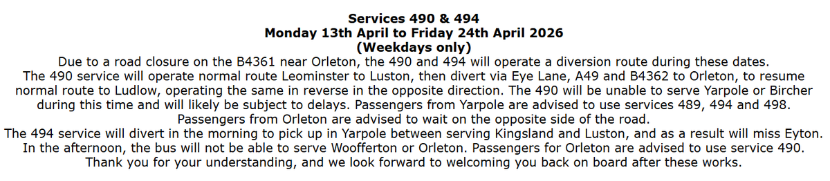 Please see the update below from Yeomans Travel regarding temporary arrangements as a result of a closure of the B4361 (as detailed via the following link: one.network/?GB148776032)