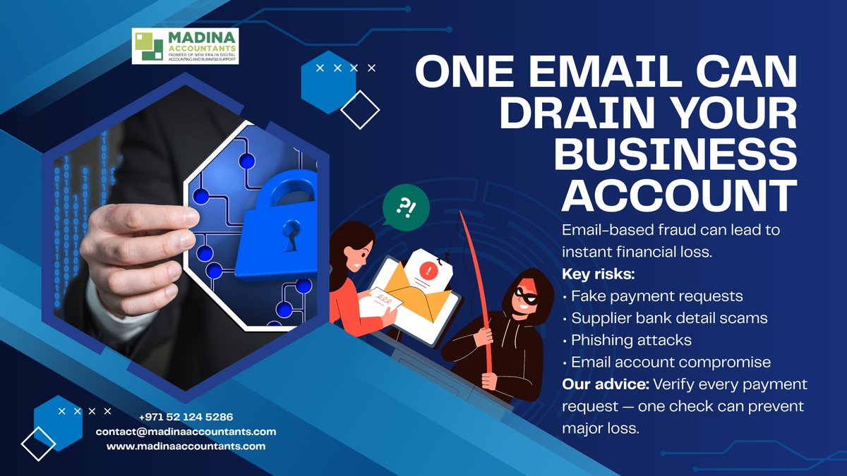 digiacountants's tweet image. One email can trigger a payment… and drain your account.
Fake requests. Urgency. Zero verification.
Always verify before you pay.
+971 52 124 5286
contact@madinaaccountants.com
madinaaccountants.com
#CyberSecurity #BusinessFraud #EmailScam #FinanceRisk #MadinaAccountants