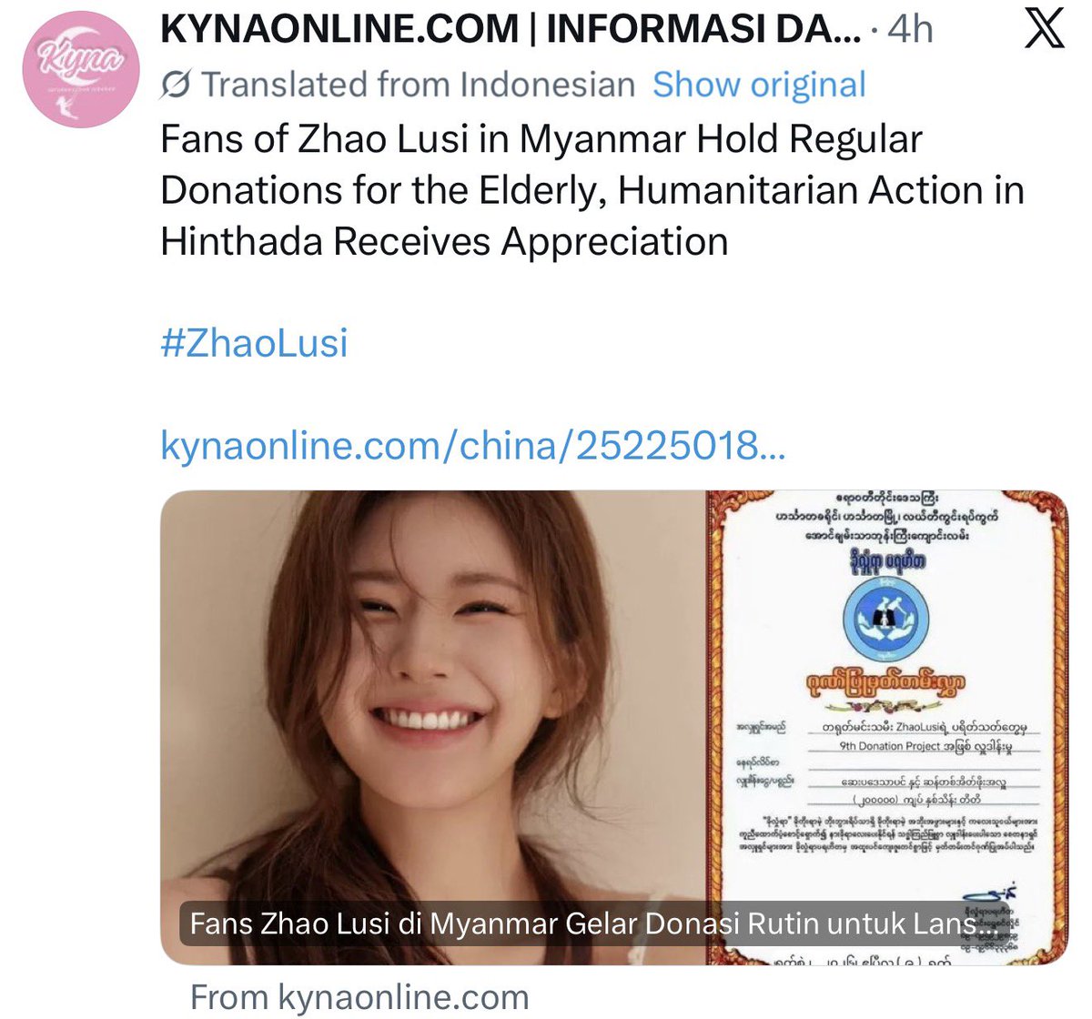 KApriloo's tweet photo. We, Myanmar Kelulis are so proud to share that an Indonesia Entertainment News Website has published an article praising and recognizing the monthly charity initiative, the 9th Donation Project, carried out by Myanmar Kelulis for #ZhaoLusi  😭😭 https://t.co/5RJWFFhhzF