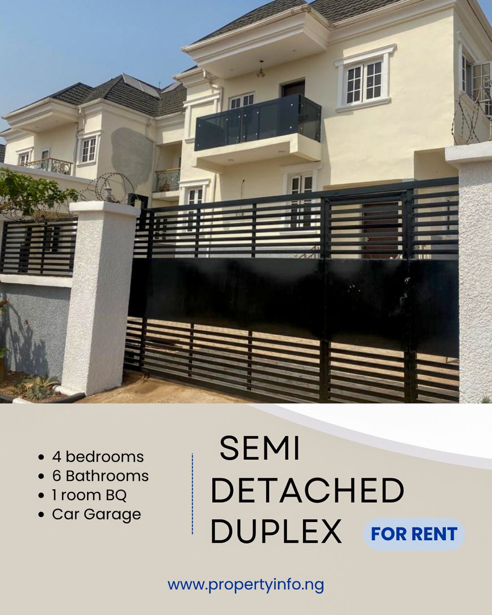FOR RENT

A luxury 4 bedroom semi detached duplex with one bedroom guest chalet and a gatehouse in a compound of its own, located in Admiralty Estate, #Asokoro #abuja renting for ₦20m per year.