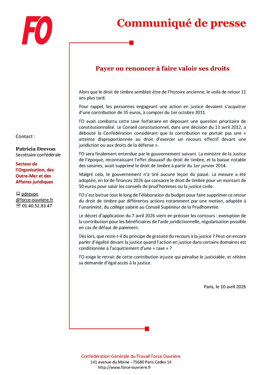 force_ouvriere's tweet photo. [#Communiqué FO]

Payer ou renoncer à faire valoir ses droits

Droit de timbre à 50€ pour saisir les #prud’hommes ou la #justicecivile, FO exige le retrait de cette contribut° qui pénalise le justiciable et réitère sa demande d’#égalaccès à la justice.
>>https://t.co/qJYi9Ybz1D https://t.co/gHqGkIJace