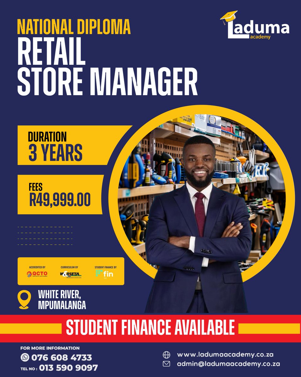 LadumaAcademy's tweet image. 𝐍𝐚𝐭𝐢𝐨𝐧𝐚𝐥 𝐃𝐢𝐩𝐥𝐨𝐦𝐚 - 𝐑𝐞𝐭𝐚𝐢𝐥 𝐒𝐭𝐨𝐫𝐞 𝐌𝐚𝐧𝐚𝐠𝐞𝐫
 👉For more information 
🔹WhatsApp - 076 608 4733 
🔹WhatsApp Link - wa.link/sqp33j 
📧admin@ladumaacademy.co.za
🌐ladumaacademy.co.za/national-diplo… 
#LadumaTrainingAcademy #RetailStoreManager