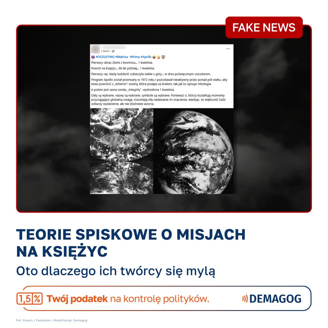 DemagogPL's tweet photo. 🌙 W mediach społecznościowych opublikowano wpisy, zgodnie z którymi lądowania na Księżycu w ramach programu Apollo oraz okrążenie księżyca przez załogę Artemis II zostały sfałszowane. W części wpisów data startu misji Artemis – pierwszy kwietnia – jest przedstawiana jako dowód na kosmiczny spisek. To  ❌ #fakenews.

👉 Dostępne dowody potwierdzają autentyczność amerykańskich misji załogowych na Księżyc. Punkty lądowania astronautów Apollo zostały sfotografowane przez sondy i satelity należące do innych krajów, a przywiezione skały księżycowe zostały zbadane przez naukowców niezwiązanych z NASA.

🚀 Daty odlotów misji kosmicznych wynikają z konieczności pogodzenia rygorystycznych kryteriów bezpieczeństwa i precyzyjnych obliczeń trajektorii. Start misji Artemis II w nocy z pierwszego na drugi kwietnia był wypadkową wielu czynników https://t.co/bjlsc6TSop. gotowości rakiety i załogi.

🔎  Przeczytaj analizę: https://t.co/Kc47LFzXp3