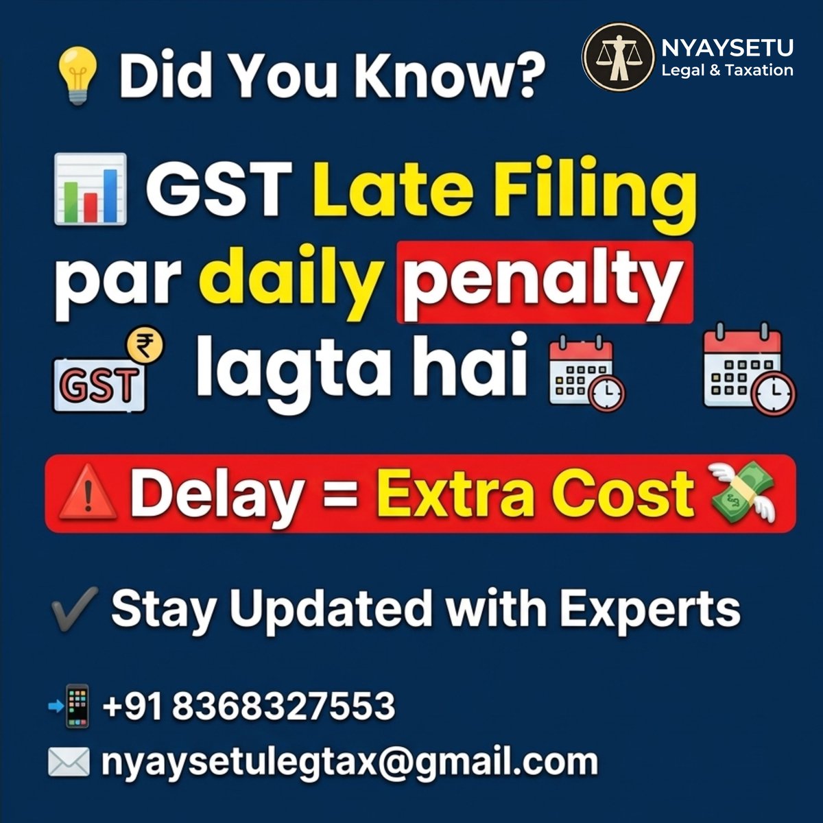 nyaysetulegal's tweet image. Did You Know? GST late filing par daily penalty lagta hai. Delay = Extra Cost. Stay updated and avoid unnecessary fines with expert guidance from NyaySetu Legal &amp;amp; Taxation.
📞 Contact us today: +91 83683 27553  #GSTLateFiling #DailyPenalty #GSTUpdate #AvoidPenalty #NyaySetu