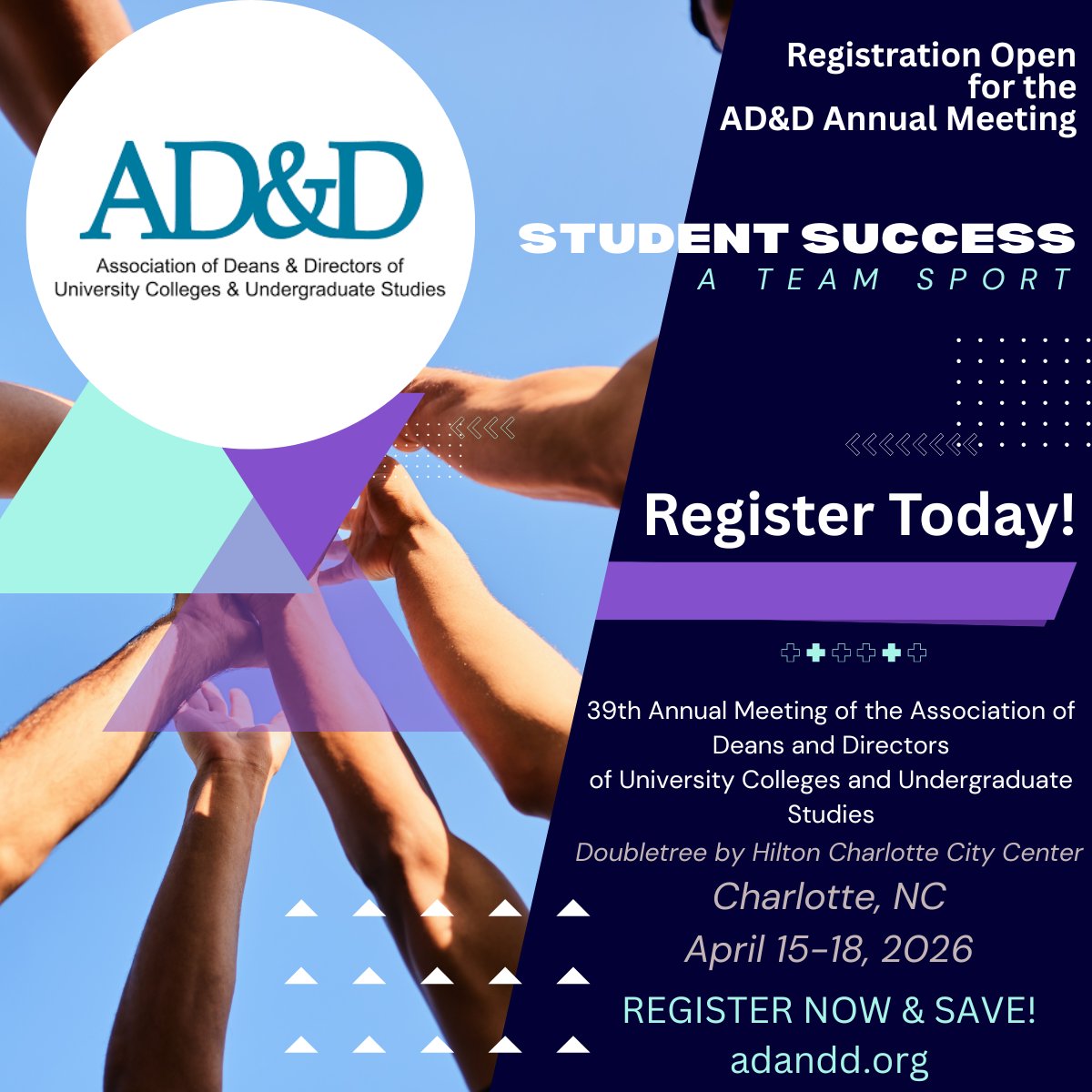 📅 The AD&amp;D 2026 conference is your chance to connect with like-minded professionals dedicated to student success. Join us in Charlotte from April 15-18 for a series of sessions and discussions aimed at fostering collaboration. Register today! bit.ly/3Mx6aZi  #ADandD