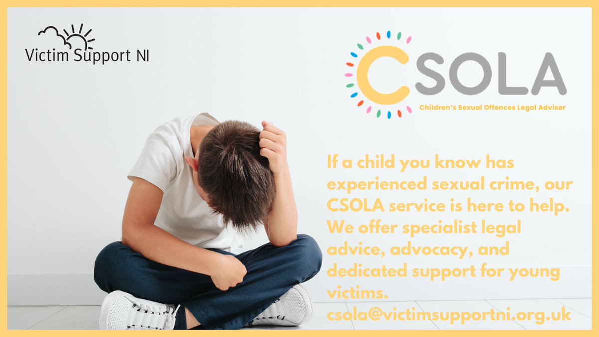 VictimSupportNI's tweet photo. Our CSOLA service provides specialist legal advice, advocacy, and support for young victims of sexual crime. If you have been the victim of a serious sexual offence, you can email us at csola@victimsupportni.org.uk.
#supportingchildren #sexualoffences #childrenandyoungpeople https://t.co/H9Wrd8gnPt