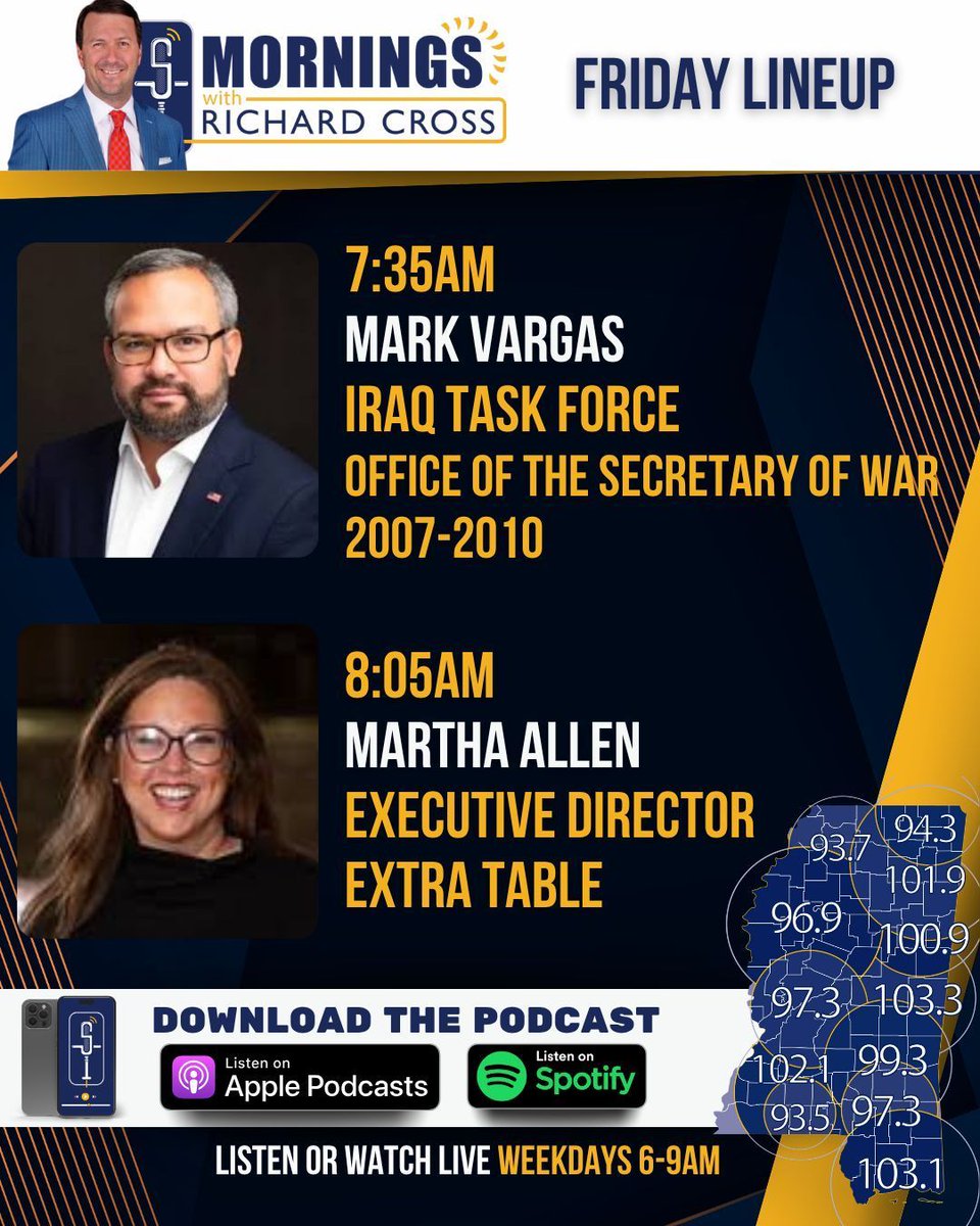 supertalk's tweet photo. Mornings with Richard Cross Friday Lineup…
 
7:35am- Mark Vargas
Iraq Task Force
Office of the Secretary of War 
2007-2010 
@MarkAVargas
 
8:05am- Martha Allen
Executive Director
Extra Table
@ExtraTable

📻- @supertalk
📺- https://t.co/hQ0o2bb7Mo
📱- https://t.co/6osG89X8Rj https://t.co/Hcozsfe6Mo