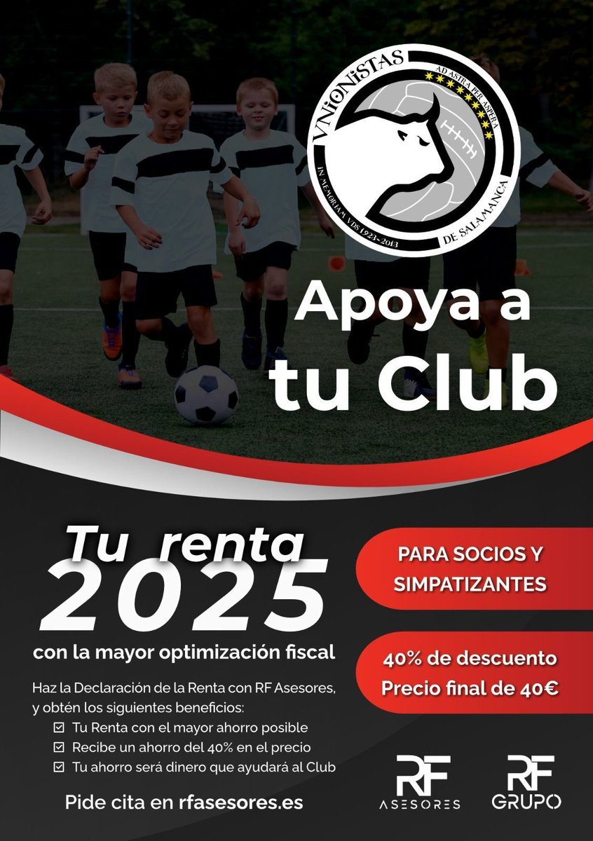 UnionistasCF's tweet photo. 📌  PATROCINADOR | El miércoles empezó la campaña de la Declaración de la Renta.

🔎 En @asesores_rf te conseguirán el mayor ahorro posible y encima con un 40% de descuento por ser socio de Unionistas.

📲 Pide tu cita en https://t.co/5TTtFTfLkG https://t.co/gAZQMiy2fJ