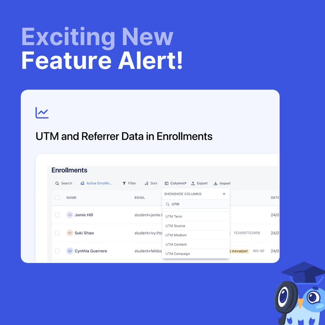 cademy__'s tweet photo. You can now track where bookings came from directly in Enrollments.

View, filter, and export UTM and referrer data to get clearer insight into campaign performance, traffic sources, and booking attribution - all without leaving Cademy.

#Cademy #EdTech #CourseManagement #LMS #OnlineLearning #B2BTraining #ProductUpdate