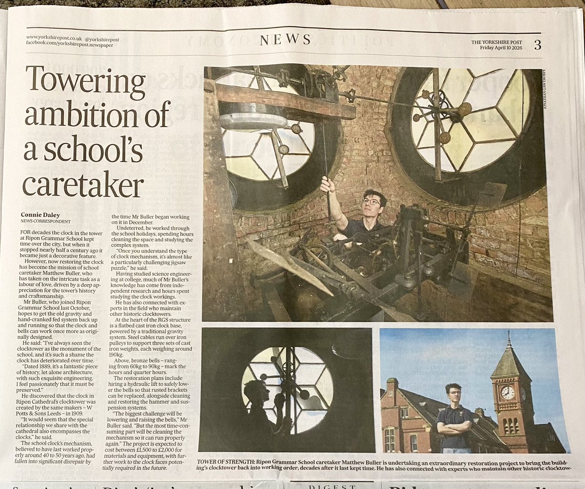 RiponGrammarSch's tweet image. We’re incredibly proud to see our school caretaker Matthew Buller’s restoration project featured in today’s Yorkshire Post! 🔔 🛠️ 👏👏👏
You can donate to our restoration appeal fund here: cafdonate.cafonline.org/30227#!/Donati…
#SchoolPride #CommunitySpirit #RestorationProject #boardingschool