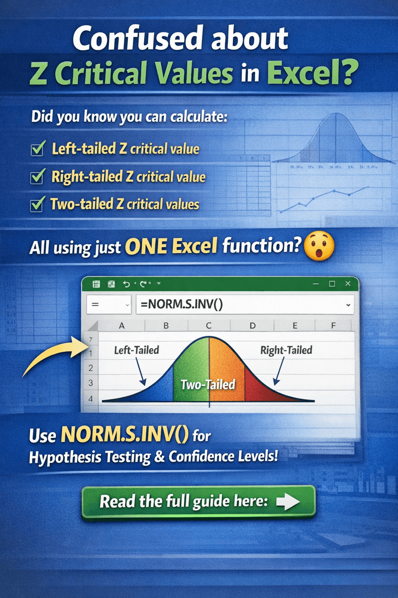 ex_ins's tweet image. Need to find Z critical value in Excel? 📊
Use:
Left tail → =NORM.S.INV(α)
Right tail → =NORM.S.INV(1-α)
Two tail → =NORM.S.INV(α/2)

Full tutorial here 👇
🔗 excelinsider.com/excel-for-stat…
#Excel #Statistics #ZScore #DataAnalysis