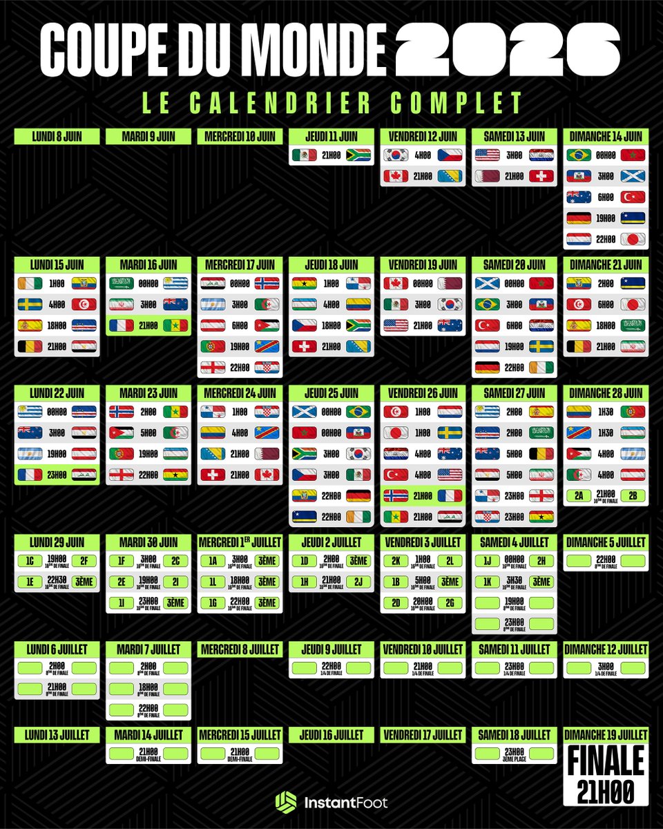 🚨 𝗟𝗔 𝗖𝗢𝗨𝗣𝗘 𝗗𝗨 𝗠𝗢𝗡𝗗𝗘 𝗗𝗘́𝗠𝗔𝗥𝗥𝗘 𝗗𝗔𝗡𝗦 𝟮 𝗠𝗢𝗜𝗦 ! 🤩⏳

La finale, c'est dans tout pile 100 jours. 👀

Voici le calendrier COMPLET pour toute la compétition ! 🗓️

À mettre en signets. 📌