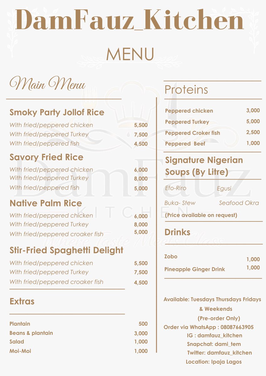 damfauz_kitchen's tweet photo. Serving you quality meals, always 😌✨

Check out our menu 👇🏽

From everyday meals to private chef services &amp; small event catering we’ve got you covered.

Pre-order: Tues, Thurs &amp; Weekends
Send Us a DM or via WhatsApp 
https://t.co/gbOVeUgqu2 https://t.co/R48wwjVMto