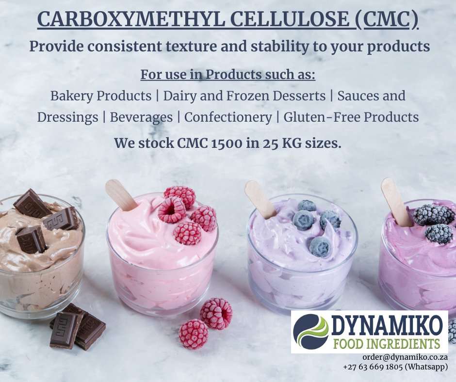 DynamikoFoodIng's tweet image. Did you know carboxymethyl cellulose is a common food additive used to thicken and stabilise products like ice cream 🍦 and salad dressings 🥗? 

For enquiries email orders@dynamiko.co.za or WhatsApp 063 669 1805 

#foodadditives #CMC #stabiliser