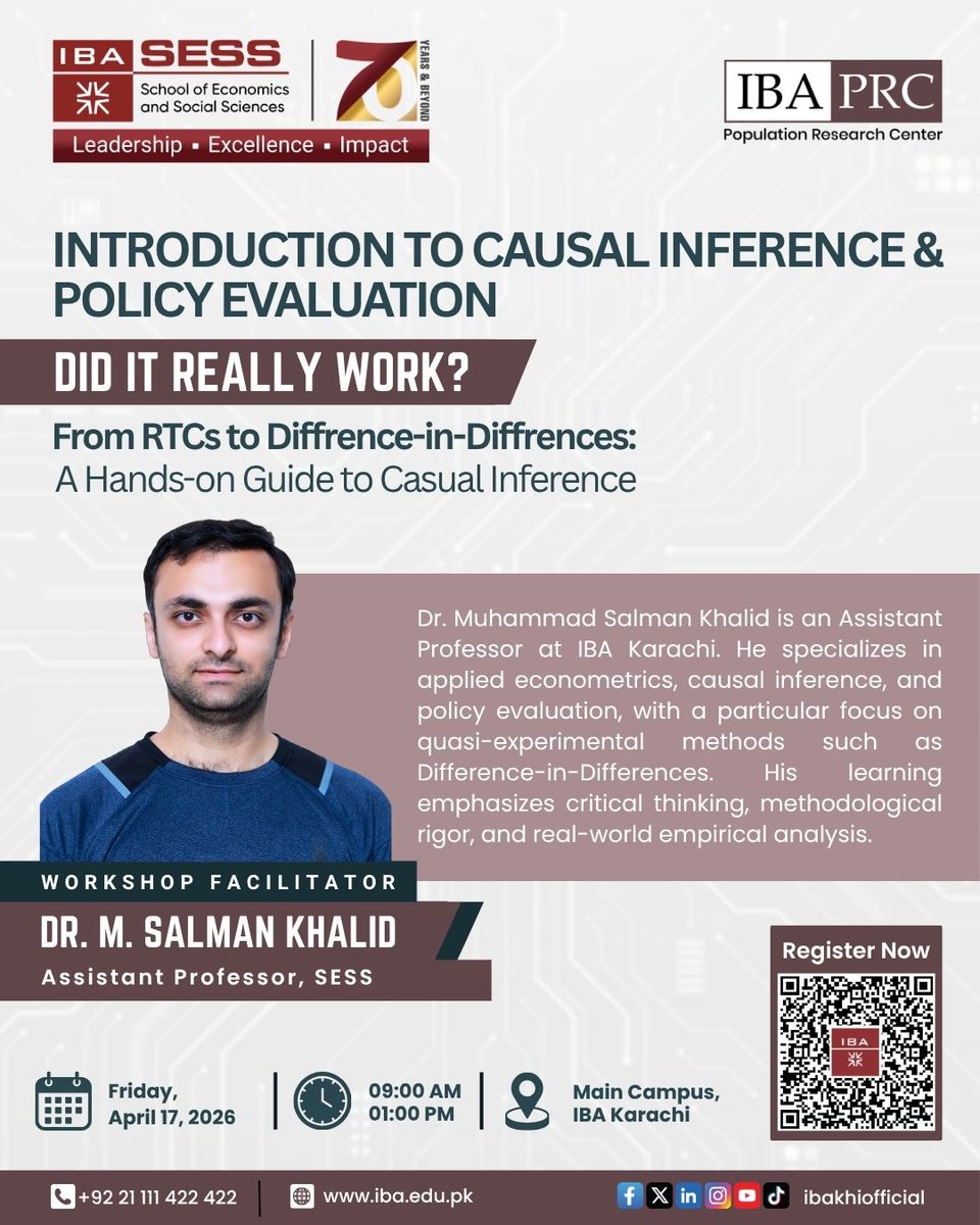 PRC_IBA's tweet photo. The Population Research Centre is organizing a one-day #workshop on “Causal Inference” for IBA scholars and students. The session will be conducted by Dr. Salman Khalid (@salmankh93). From correlation to causation, learn what truly matters.

@sess_iba
@ibakarachi @ClubIba https://t.co/um6iCpM2kw